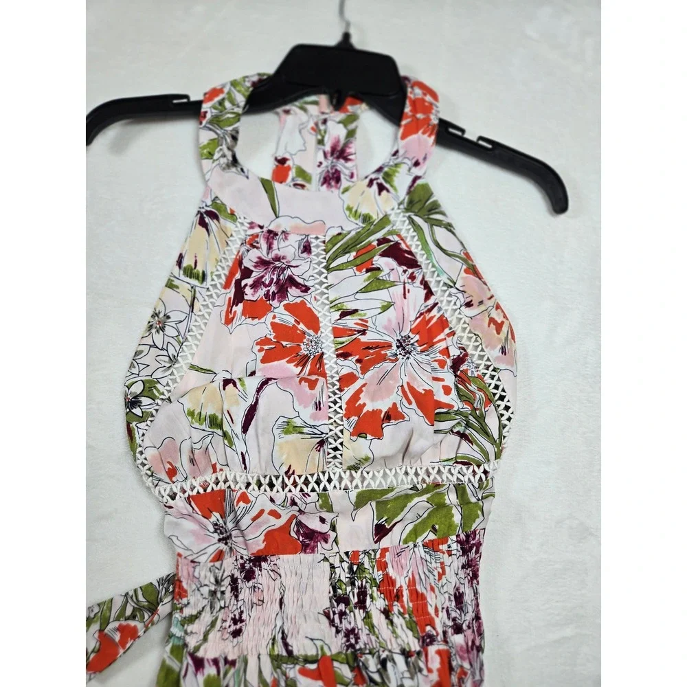 Axel The Label Pink Floral Halter Maxi Dress Smocked Waist Small Tropical Boho